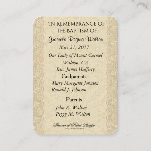 Katholiek Baby Meisje Doopherdenking Heilige Kaart Visitekaartje (Achterkant)