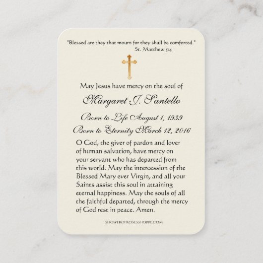 Katholiek begrafenismonument Gouden Bloemengebed Visitekaartje (Achterkant)