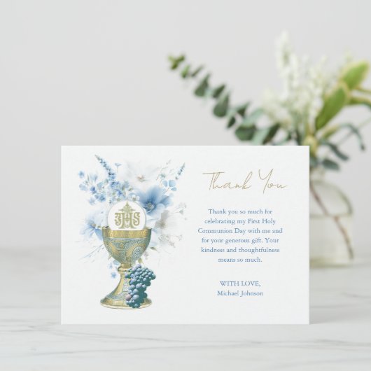 Katholiek Blauw Bloemen Eerste Communie Dank u Bedankkaart (Staand voorkant)