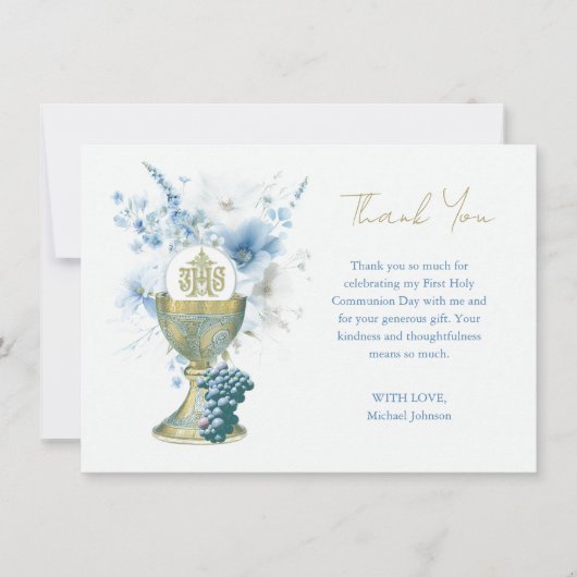 Katholiek Blauw Bloemen Eerste Communie Dank u Bedankkaart (Voorkant)