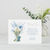 Katholiek Blauw Bloemen Eerste Communie Dank u Kaart (Staand voorkant)