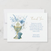 Katholiek Blauw Bloemen Eerste Communie Dank u Kaart (Voorkant)