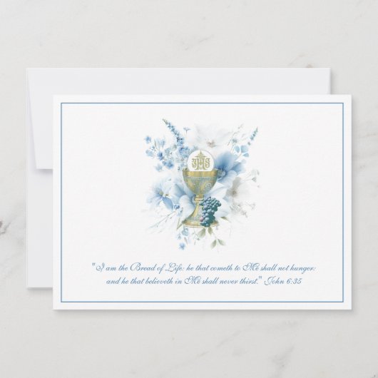 Katholiek Blauw Bloemen Eerste Communie Eucharisti Kaart (Achterkant)