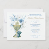 Katholiek Blauw Bloemen Eerste Communie Eucharisti Kaart (Voorkant)