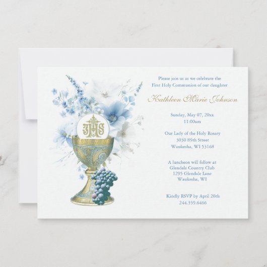 Katholiek Blauw Bloemen Eerste Communie Eucharisti Kaart (Voorkant)