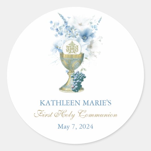 Katholiek Blauw Bloemen Eerste Communie Eucharisti Ronde Sticker (Voorkant)