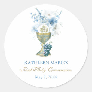 Katholiek Blauw Bloemen Eerste Communie Eucharisti Ronde Sticker