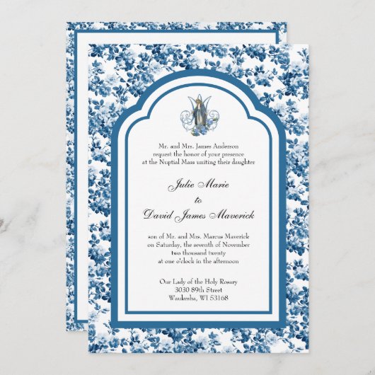 Katholiek Blauw Bloemen Maagd Maria Bruiloft Kaart (Voorkant / Achterkant)