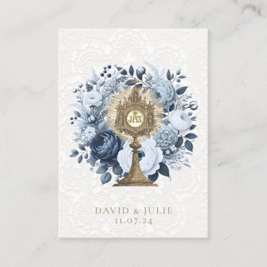 Katholiek Blauw Bloemen Monstrans Huwelijk Heilige Visitekaartje (Voorkant)