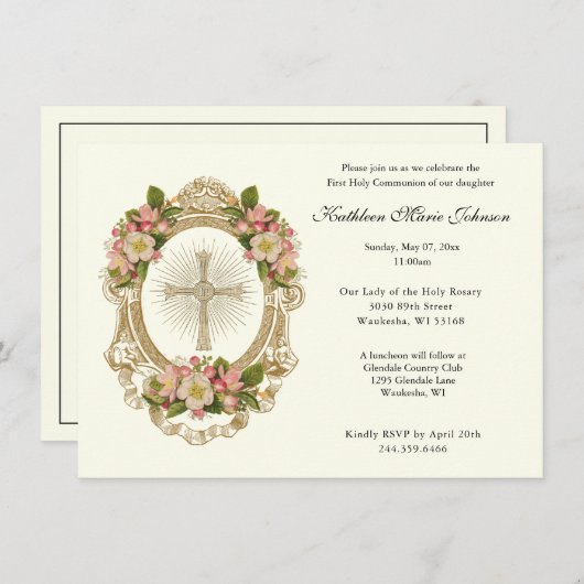 Katholiek Bloemenkruis Eerste Communie Uitnodiging (Voorkant / Achterkant)