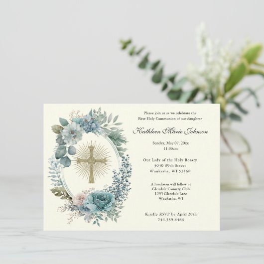Katholiek Bloemenkruis Eerste Communie Uitnodiging (Staand voorkant)