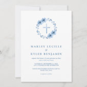 Katholiek Christelijk Dusty Blue Floral Cross Wedd Kaart (Voorkant)
