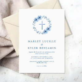 Katholiek Christelijk Dusty Blue Floral Cross Wedd Kaart