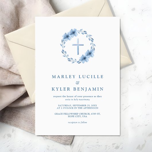 Katholiek Christelijk Dusty Blue Floral Cross Wedd Kaart