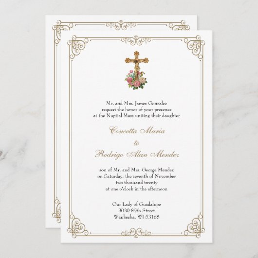 Katholiek Crucifix Bloemen Bruiloft Goud Kaart (Voorkant / Achterkant)