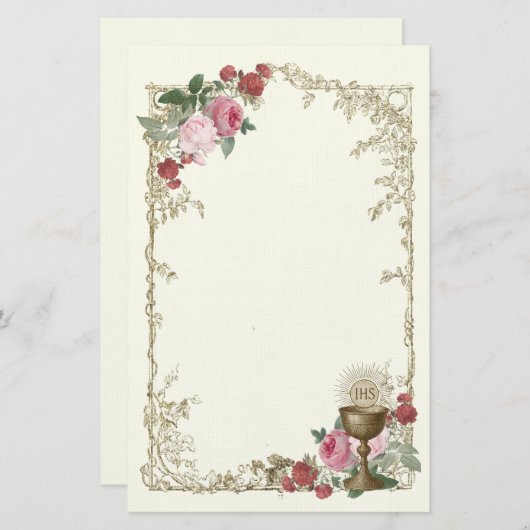 Katholiek Eucharistisch Roos & Kelk Communie Briefpapier (Voorkant / Achterkant)