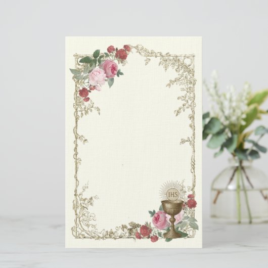 Katholiek Eucharistisch Roos & Kelk Communie Briefpapier (Staand voorkant)
