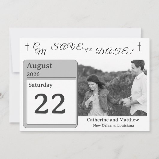Katholiek Faux-Satijn Monogrammed Save the Date (Voorkant)