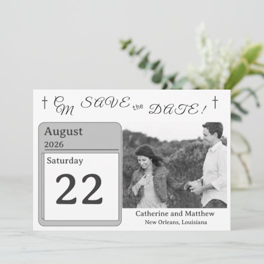 Katholiek Faux-Satijn Monogrammed Save the Date (Staand voorkant)