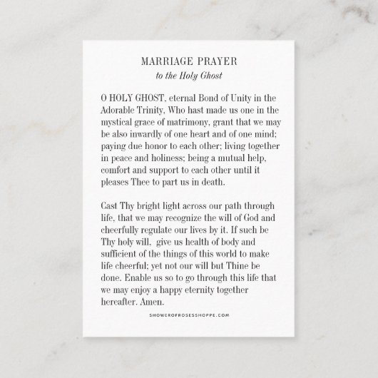 Katholiek Huwelijk Gebed tot Heilige Geest (Geest) Visitekaartje (Achterkant)