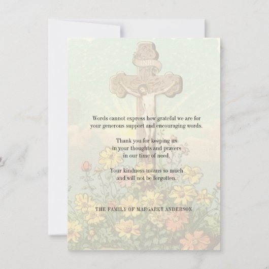 Katholiek Kruis Bloemen Begrafenis Sympathie Bedankkaart (Achterkant)