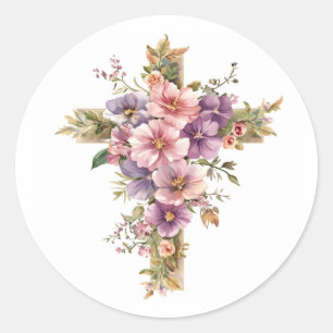 Katholiek Kruis Bloemstuk Religieus Christelijk  Ronde Sticker