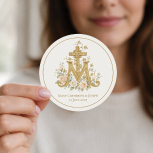 Katholiek Maria-Kruis Monogram met rozen Ronde Sticker