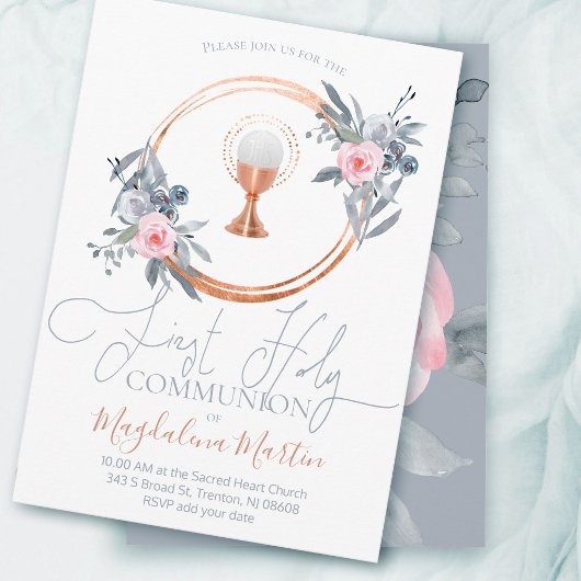 Katholiek meisje eerste communie bloemendecor kaart