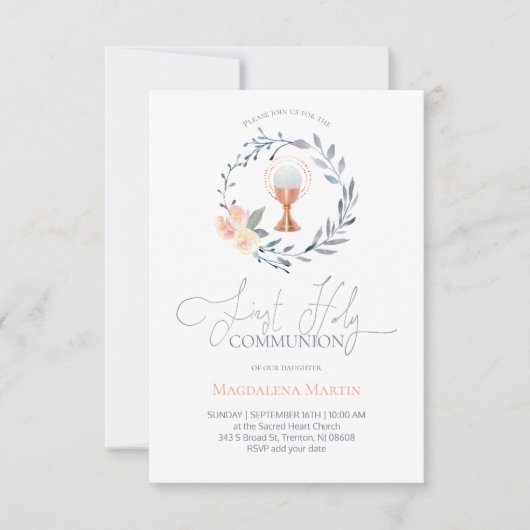 Katholiek Meisje Eerste Communie Bloemenkrans Invi Kaart (Voorkant)