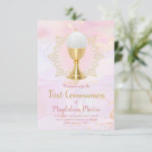 katholiek meisje eerste communie roze marmer kaart (Staand voorkant)