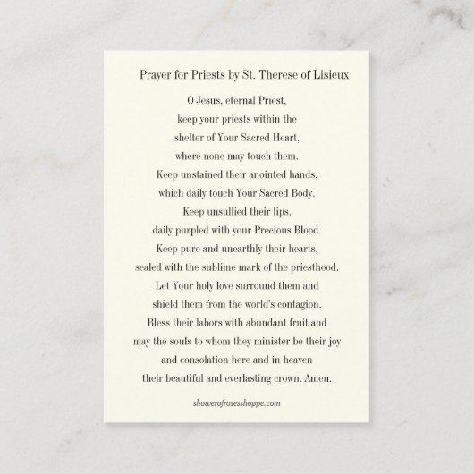Katholiek Priestergebed door St. Therese Religious Visitekaartje (Achterkant)