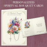 Katholiek Spiritueel Boeketgebed Rozenkrans Feestdagen Kaart<br><div class="desc">Met een prachtig vintage beeld de rozenkrans en een boeket van waterverf-achtige lentebloemen. Binnen is een prachtig afbeelding van Onze-Lieve-Vrouw van Genade,  de Maagd Maria. Hieronder staat een vers uit de Bijbel. Alle tekst kan worden gewijzigd.</div>