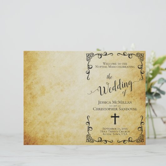 Katholiek trouwprogramma op vintage perkament (Staand voorkant)