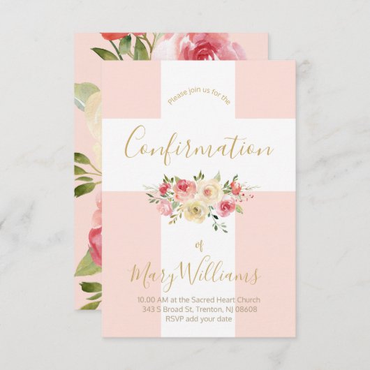 Katholiek wit kruis en bloemen confirmatie kaart (Voorkant / Achterkant)