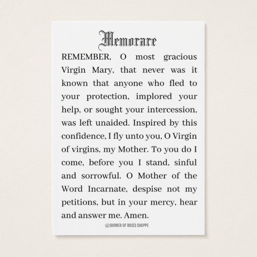 Katholieke aankondiging van Mary Memorare Prayer (Achterkant)