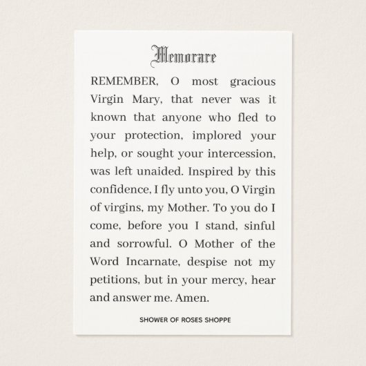 Katholieke aankondiging van Mary Memorare Prayer (Achterkant)