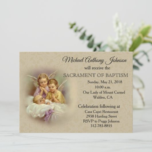 Katholieke Baby Doop Engelen Uitnodigingen (Staand voorkant)