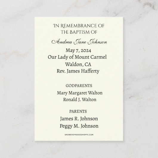 Katholieke Baby Meisje Doop Herdenking Heilige Kaa Informatiekaartje (Achterkant)