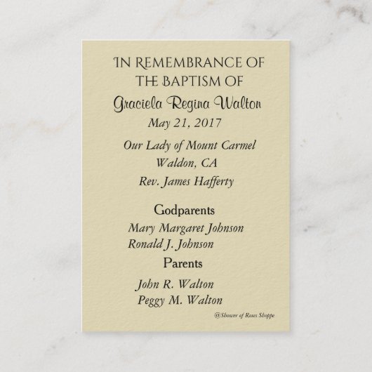 Katholieke babymeisjes Baptismal herdenken Heilige Visitekaartje (Achterkant)