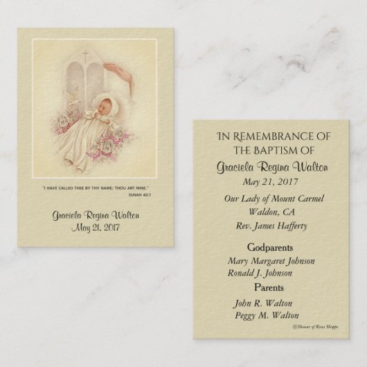 Katholieke babymeisjes Baptismal herdenken Heilige Visitekaartje (Voorkant / Achterkant)