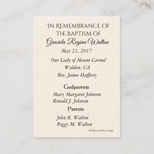 Katholieke babymeisjes Baptismal herdenken Heilige Visitekaartje (Achterkant)