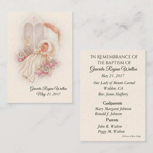 Katholieke babymeisjes Baptismal herdenken Heilige Visitekaartje (Voorkant / Achterkant)