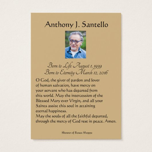 Katholieke begrafenis Memorial Prayer Visitekaartje (Achterkant)