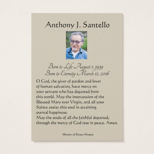 Katholieke begrafenis Memorial Prayer Visitekaartje (Achterkant)