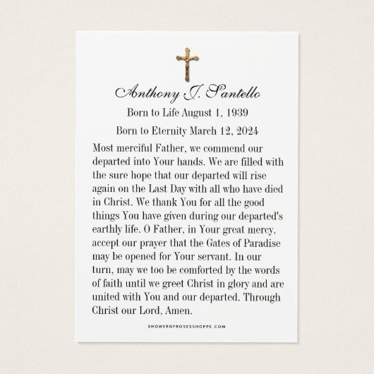 Katholieke begrafenis Memorial Prayer Visitekaartje (Achterkant)