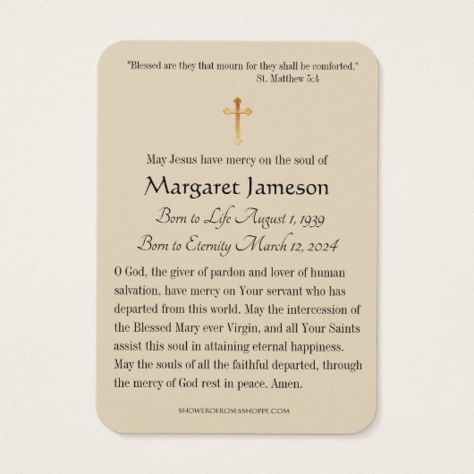 Katholieke begrafenis Memorial Prayer Visitekaartje (Achterkant)