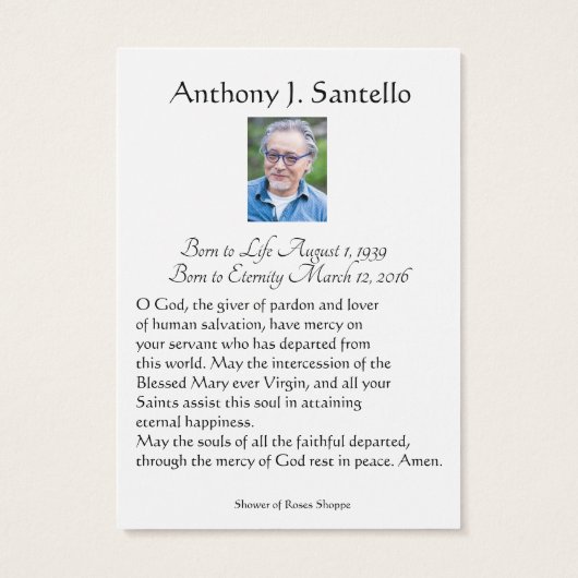 Katholieke begrafenis Memorial Prayer Visitekaartje (Achterkant)