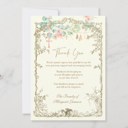 Katholieke begrafenis Memorial Rozenkrans Bloemen Bedankkaart (Voorkant)