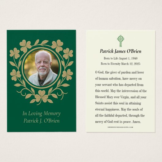Katholieke begrafenisgebedsmonument Shamrocks Iers Visitekaartje (Voorkant /achterkant)