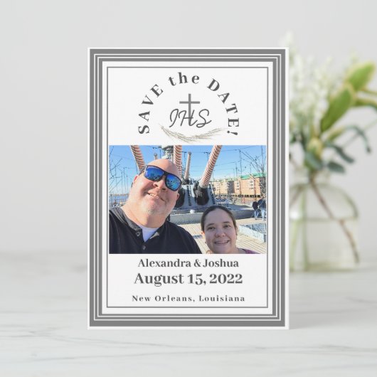 Katholieke Bijbel-Verse bewaren de datum Save The Date (Staand voorkant)